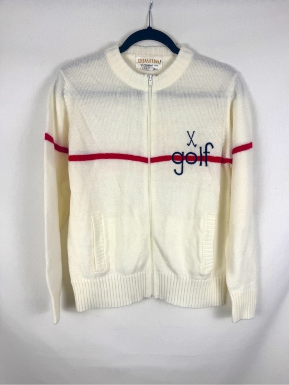Quantum Vintage Golf Cream Zip-Up Sweater with Red Stripe